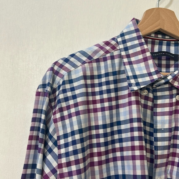 TOMMY HILFILGIER  MENS BUTTON DOWN DRESS SHIRT PLAID PURPLE Sz 17 34/35 - Picture 8 of 15
